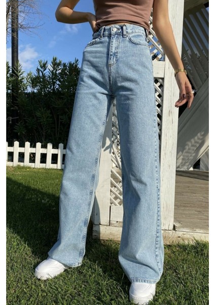 Mavi Kar Yıkamalı Yüksek Belli Salaş Bol Paça Kot Pantolon