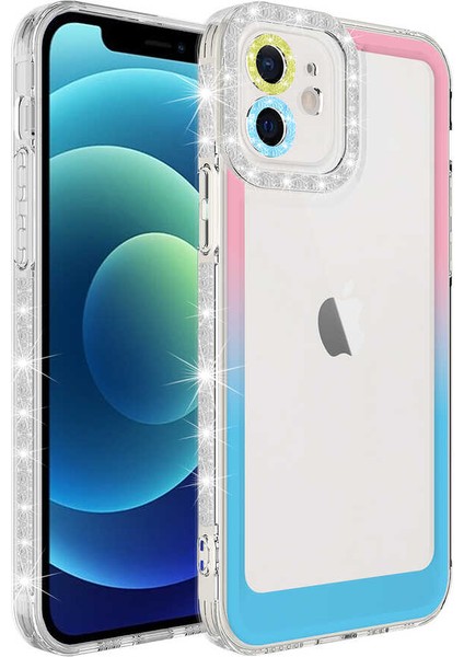 - Apple iPhone 12 - Kılıf Simli ve Renk Geçiş Tasarımlı Lens Korumalı Park Kapak - Pembe-Mavi