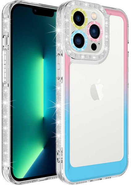 - Apple iPhone 13 Pro - Kılıf Simli ve Renk Geçiş Tasarımlı Lens Korumalı Park Kapak - Pembe-Mavi