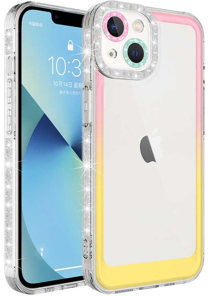 - Apple iPhone 14 Plus - Kılıf Simli ve Renk Geçiş Tasarımlı Lens Korumalı Park Kapak - Pembe-Sarı