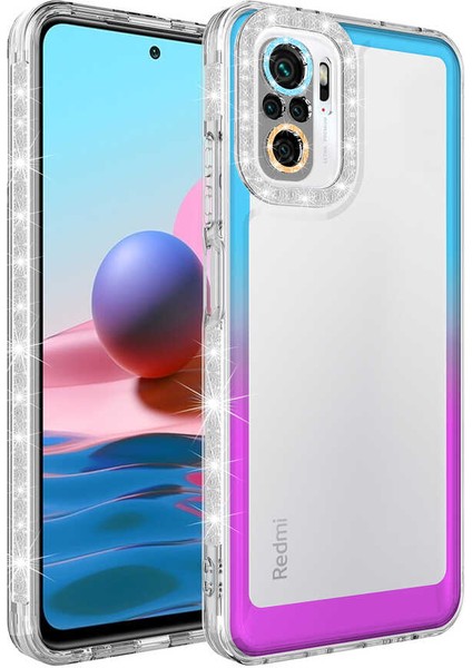 - Xiaomi Redmi Note 10 - Kılıf Simli ve Renk Geçiş Tasarımlı Lens Korumalı Park Kapak - Mavi-Mor