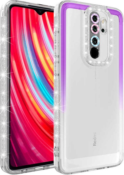 - Xiaomi Redmi Note 8 Pro - Kılıf Simli ve Renk Geçiş Tasarımlı Lens Korumalı Park Kapak - Mor-Beyaz