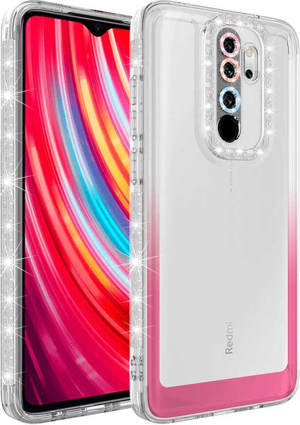 - Xiaomi Redmi Note 8 Pro - Kılıf Simli ve Renk Geçiş Tasarımlı Lens Korumalı Park Kapak - Beyaz-Pembe