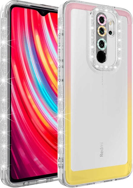 - Xiaomi Redmi Note 8 Pro - Kılıf Simli ve Renk Geçiş Tasarımlı Lens Korumalı Park Kapak - Pembe-Sarı