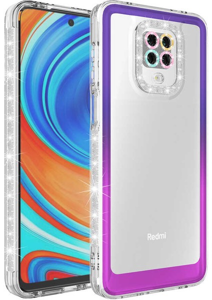 - Xiaomi Redmi Note 9 Pro - Kılıf Simli ve Renk Geçiş Tasarımlı Lens Korumalı Park Kapak - Mor-Pembe