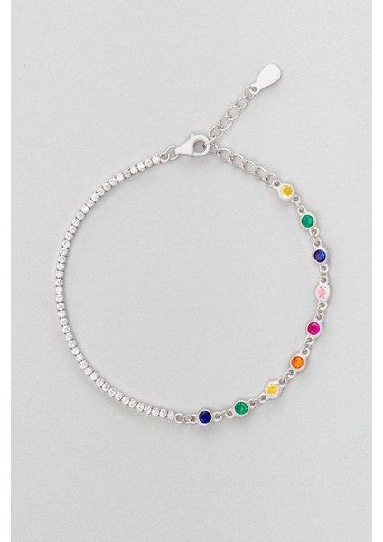 Renkli Taşlı 18 Ayar Beyaz Altın Kaplama 19 cm Gümüş Su Yolu Bileklik