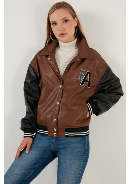 Oversize Cepli Bomber Suni Deri Mont Kadın Deri Mont 6230104