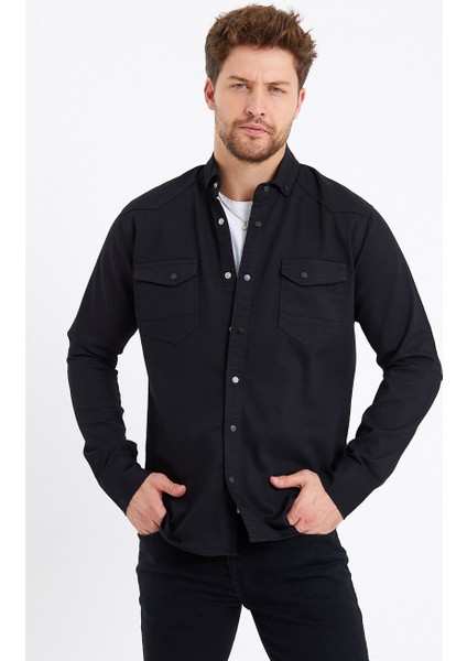 Erkek Siyah Çift Cepli Çıt Çıt Düğmeli Slim Fit Kot GÖMLEK-TCKTGMLKR01S