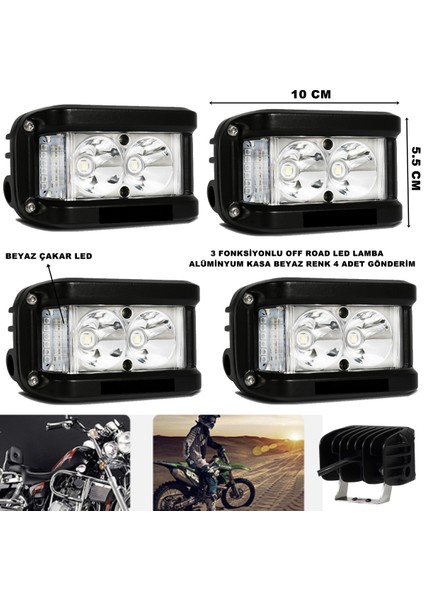 Off Road LED Lamba Beyaz Çakarlı ve Beyaz Sabit Ledli 3 Fonksiyonlu 5,5 x 10 cm 4 Adet - Friemats