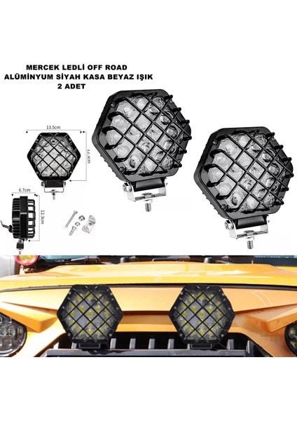 Off Road LED Lamba Kafesli Alüminyum Siyah Kasa Beyaz Sabit LED 12,3 x 13,5 cm 2 Adet - Friemats