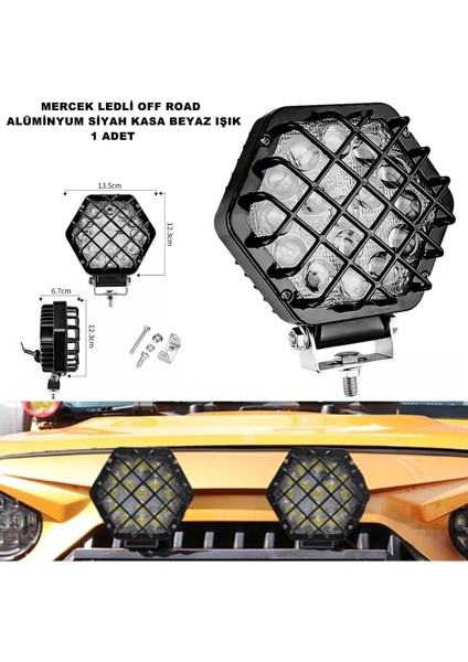 Off Road LED Lamba Kafesli Alüminyum Siyah Kasa Beyaz Sabit LED 12,3 x 13,5 cm Uyumlu 1 Adet