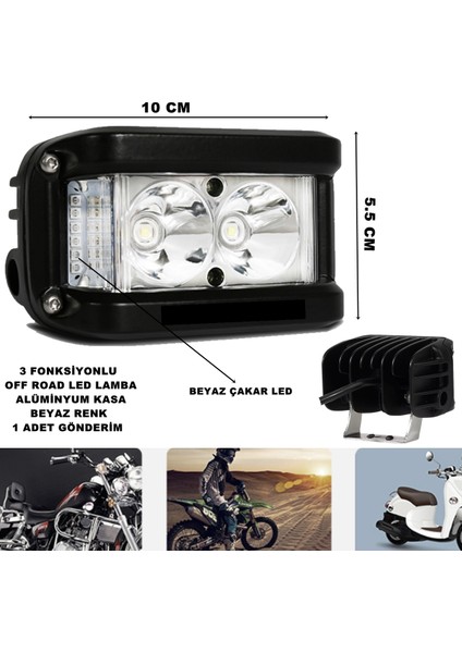 Off Road LED Lamba Beyaz Çakarlı ve Beyaz Sabit Ledli 3 Fonksiyonlu 5,5 x 10 cm 1 Adet - Friemats