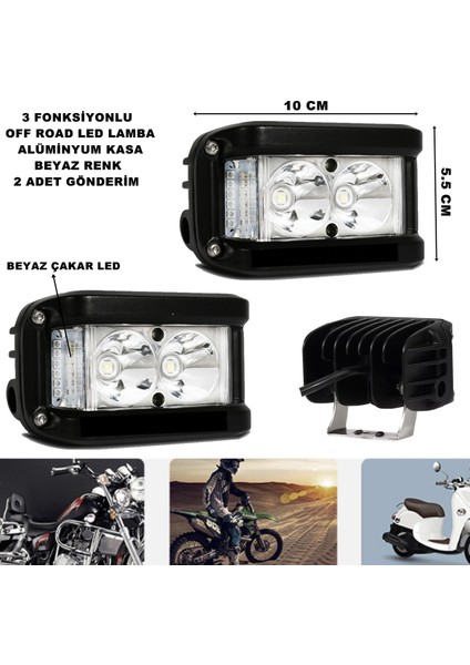 Off Road LED Lamba Beyaz Çakarlı ve Beyaz Sabit Ledli 3 Fonksiyonlu 5,5 x 10 cm 2 Adet - Friemats