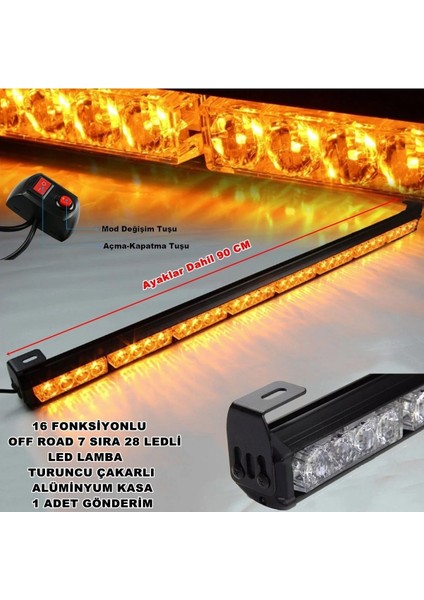 Off Road LED Ampül Turuncu Renk 16 Fonksiyonlu 7 Sıra 28 LED 90 cm Düğmeli - Uyumlu