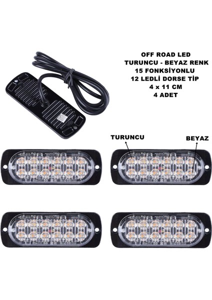 Off Road LED Lamba Turuncu - Beyaz 15 Fonksiyonlu Dorse Tip 12 LED 4 x 11 cm 4 Adet - Friemats