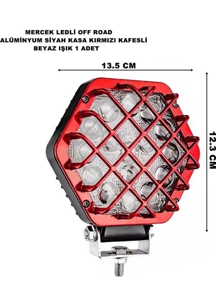 Off Road LED Lamba Kafesli Alüminyum Kırmızı Kasa Beyaz Sabit LED 12,3 x 13,5 cm 1 Adet -