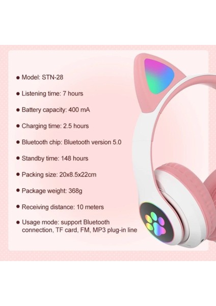 Kablosuz Bluetooth 5.0 LED Işıklı Kedili Şık Kulaklık Hediye Kız Kadın Wireless Siyah indirimleri