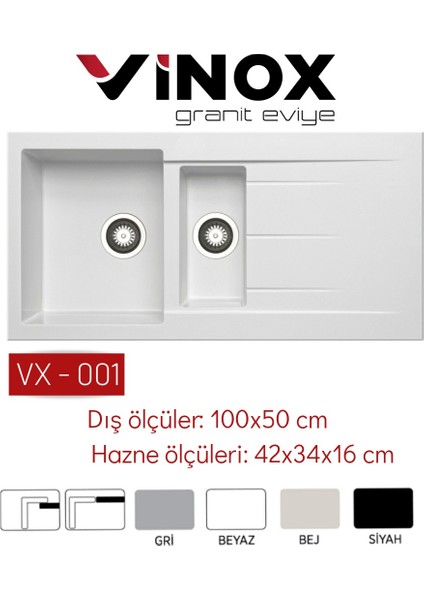 Beyaz 1,5 Göz Granit Eviye 50 x 100 cm VX-001