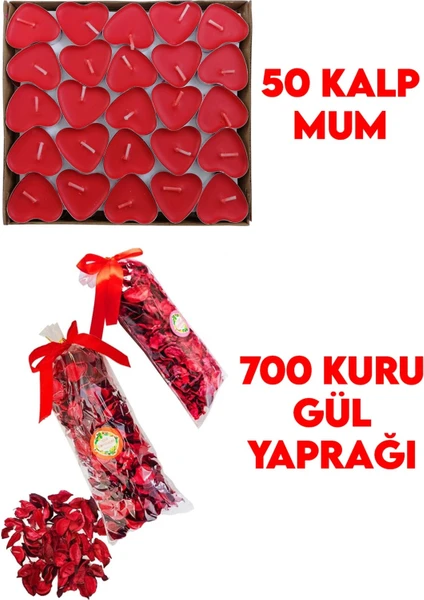 50 Mum + 700 Kuru Gül Yaprağı, Kalpli Mum ve Kuru Gül Yaprakları