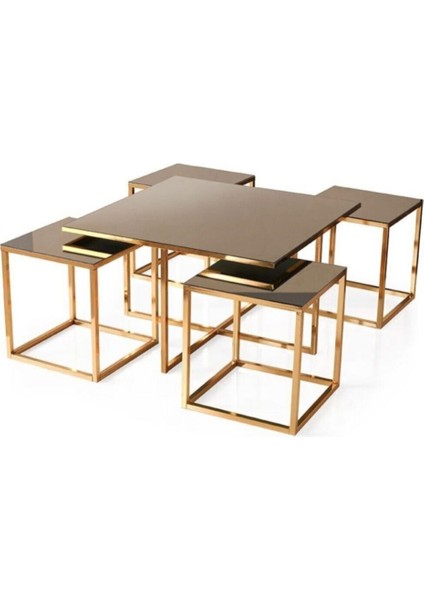 Kare Pizza Orta Sehpa Gold/Bronz Cam 4+1 modelleri