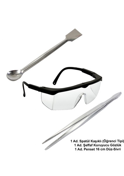 AtelSan Laboratuvar Öğrenci Seti - B / Spatül Öğrenci Tipi + Şeffaf Koruyucu Gözlük + Penset 16 cm Düz-Sivri