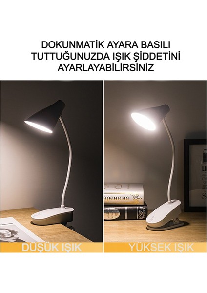 Dokunmatik Şarjlı Mandallı Masa Lambası Kitap Okuma Ders Çalıma Ortam Aydınlatma 20 LED 3 Işık Ton