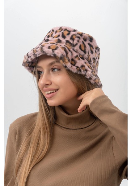 Leopar Desen Peluş Bucket Şapka