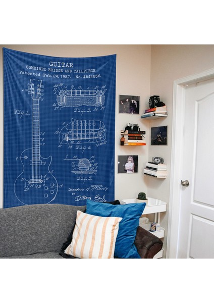 Gibson Les Paul Gitar Blueprint Tapestry Gitarlı Duvar Örtüsü Müzik Oda Dekorasyonu