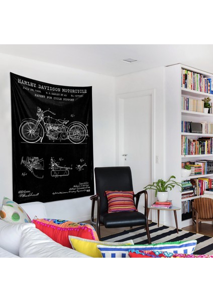 Harley Davidson Model 28B Chalkboard Tapestry Motorsikletli Duvar Örtüsü Oda Dekorasyonu
