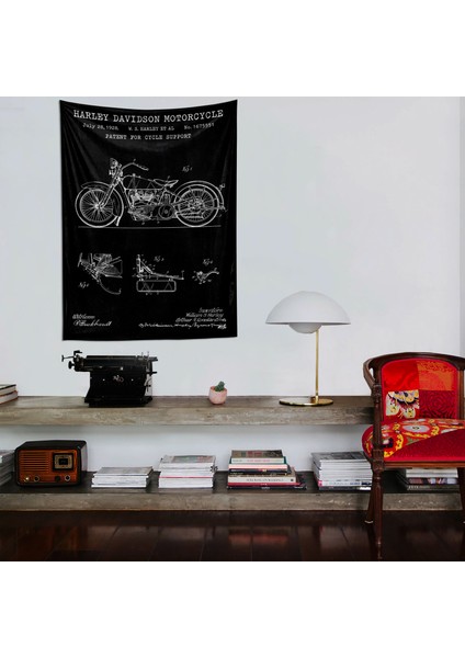 Harley Davidson Model 28B Chalkboard Tapestry Motorsikletli Duvar Örtüsü Oda Dekorasyonu