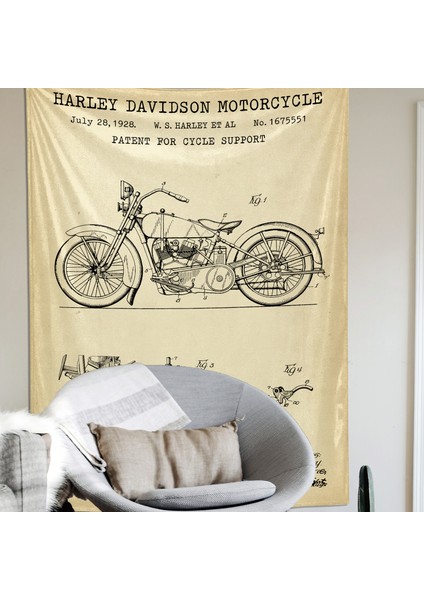 Harley Davidson Model 28B Vintage Tapestry Motorsikletli Duvar Örtüsü Oda Dekorasyonu
