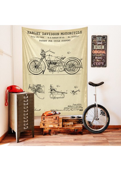 Harley Davidson Model 28B Vintage Tapestry Motorsikletli Duvar Örtüsü Oda Dekorasyonu