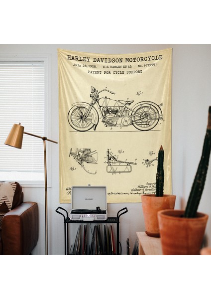Harley Davidson Model 28B Vintage Tapestry Motorsikletli Duvar Örtüsü Oda Dekorasyonu
