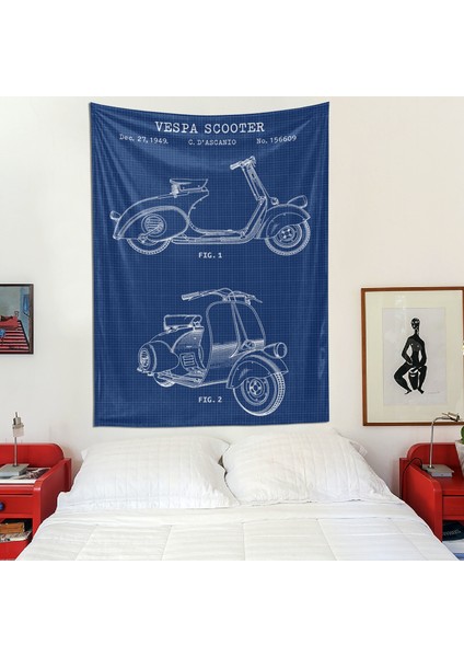 Vespa Scooter Blueprint Vespa Motosikletli Duvar Örtüsü