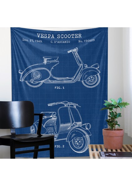 Vespa Scooter Blueprint Vespa Motosikletli Duvar Örtüsü