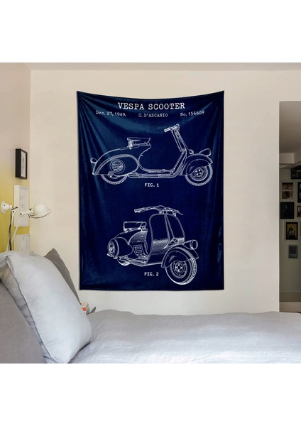 Vespa Scooter Navyblue Vespa Motosikletli Duvar Örtüsü