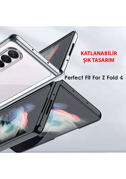 Galaxy Z Fold 4 Kılıf Şeffaf Cam ve Metal Görünümlü Ultra Ince Katlanabilen Fit Tasarım