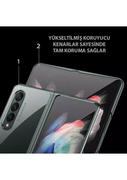 Galaxy Z Fold 4 Kılıf Şeffaf Cam ve Metal Görünümlü Ultra Ince Katlanabilen Fit Tasarım