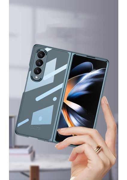 Galaxy Z Fold 4 Kılıf Şeffaf Cam ve Metal Görünümlü Ultra Ince Katlanabilen Fit Tasarım