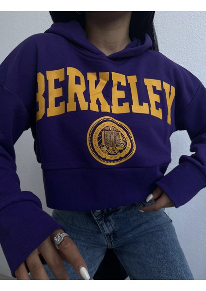 Kadın Berkeley Baskılı Crop Mor Sweatshirt