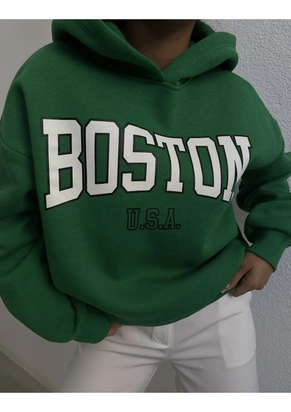 Kadın Boston Baskılı Kapüşonlu Şardonlu Yeşil Swaetshirt