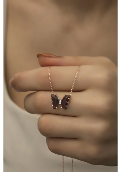 925 Ayar Gümüş Mor Zirkon Taşlı Kelebek Kolye