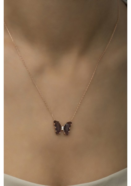 925 Ayar Gümüş Mor Zirkon Taşlı Kelebek Kolye modelleri