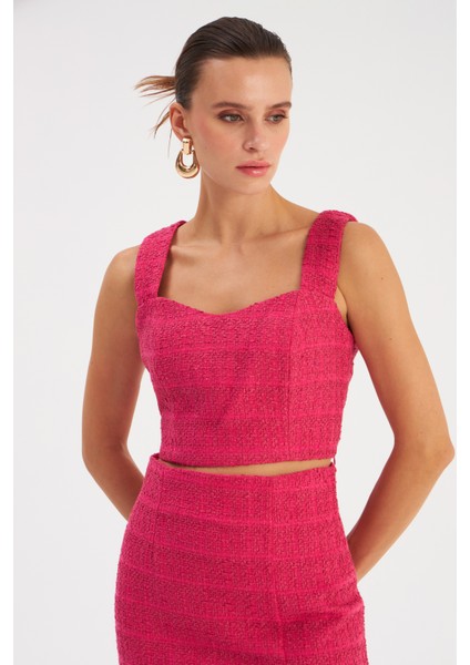 Askılı Tüvit Crop Bluz - Fuşya