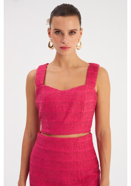 Askılı Tüvit Crop Bluz - Fuşya fiyatları