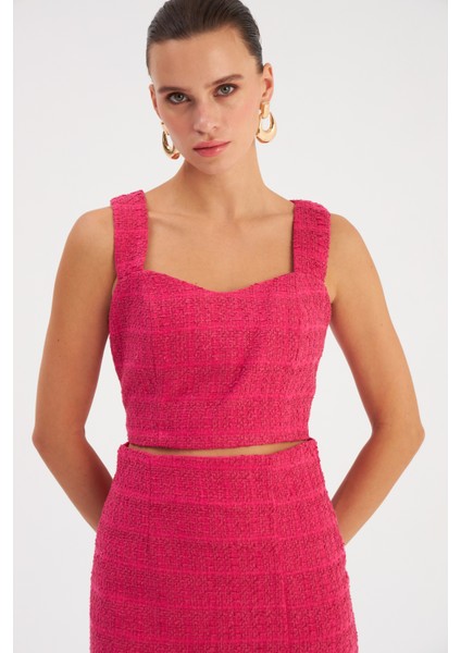Askılı Tüvit Crop Bluz - Fuşya modelleri