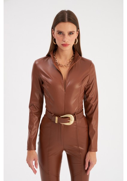 Fermuarlı Deri Bodysuit - Kahve