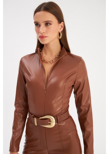 Fermuarlı Deri Bodysuit - Kahve fiyatları