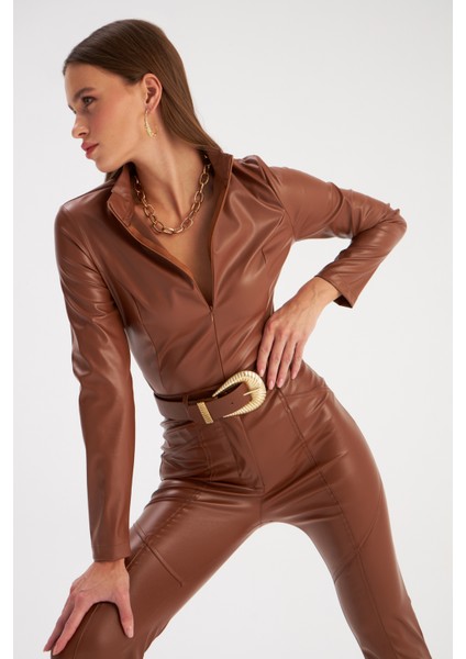 Fermuarlı Deri Bodysuit - Kahve modelleri