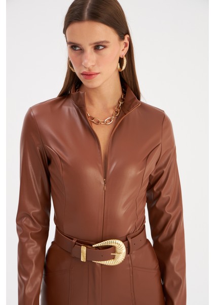 Fermuarlı Deri Bodysuit - Kahve fırsatları